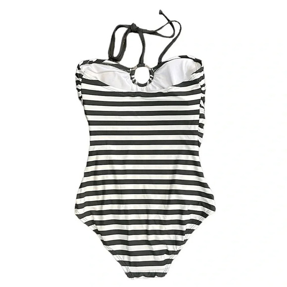 Michael Kors Striped Ivy Logo Ring Shirred One Piece Swimsuit Size 6 Beach Vacay - Picture 4 of 11